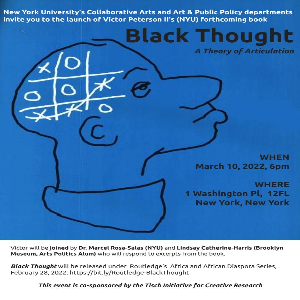Black Thought Flyer: Illustrated Face with Tic-Tac-Toe drawing on brain on blue background